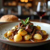 Rustic Sage Butter Gnocchi with Shaved Beef and Beefy Onion Gravy