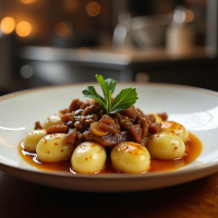 Rustic Potato Gnocchi with Sage Butter and Beefy Onion Gravy