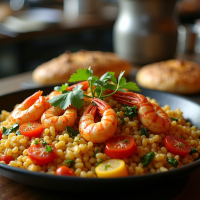 Seafood Paella with Brown Rice and Fresh Vegetables